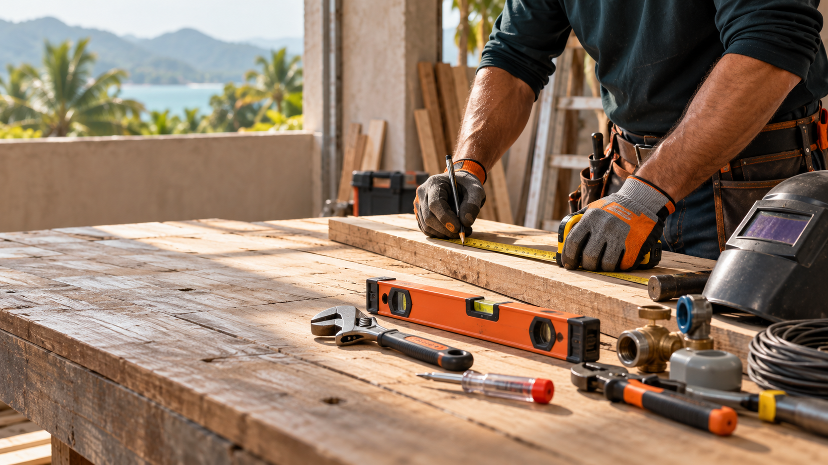 Manos de un profesional trabajando con herramientas de construcción